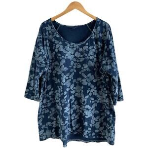 J.Jill Indigo Floral Tunic Top 3/4 Sleeve 100% Cotton Blue XL